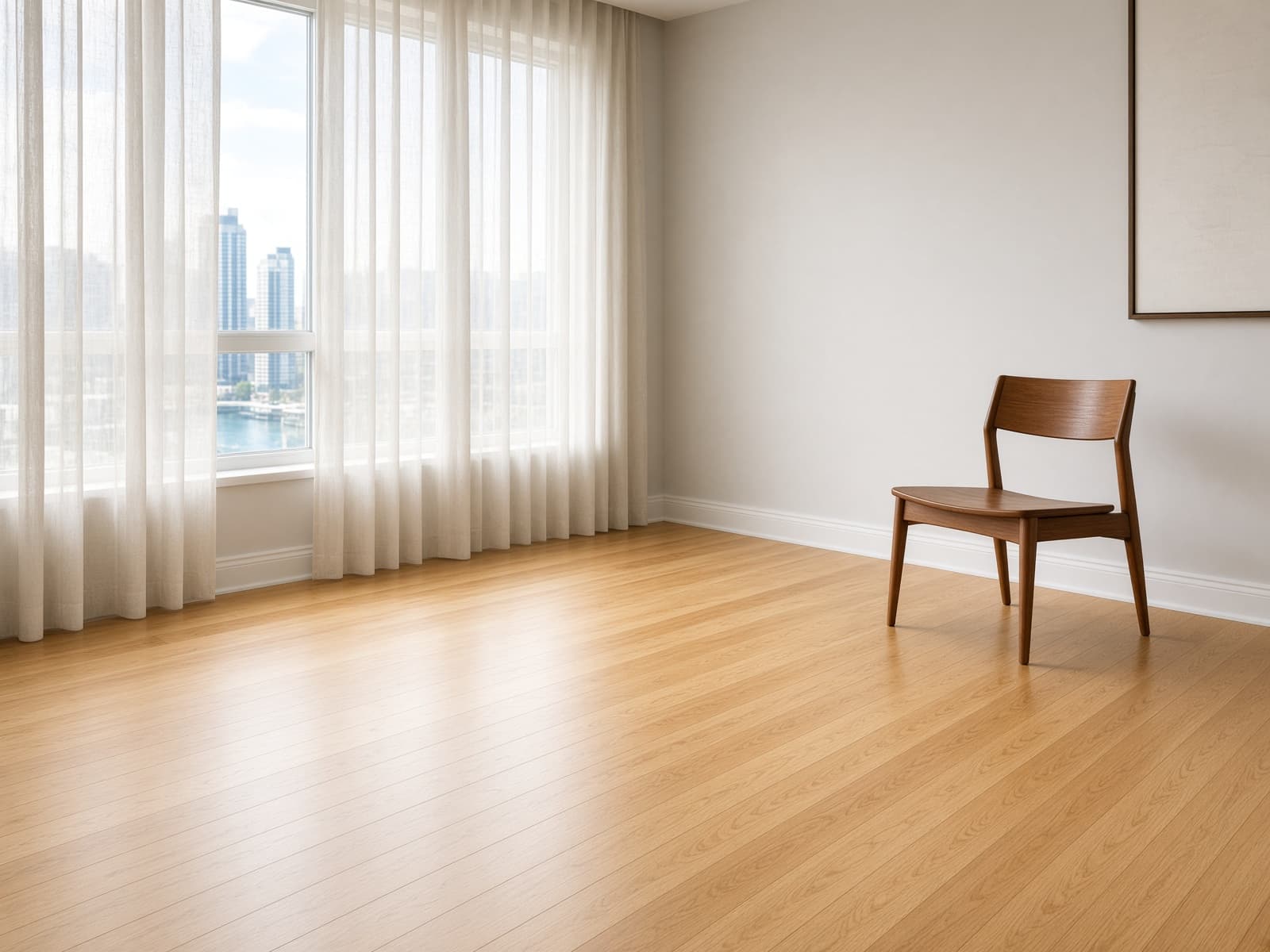 Freshly refinished maple hardwood floor with an even satin sheen.