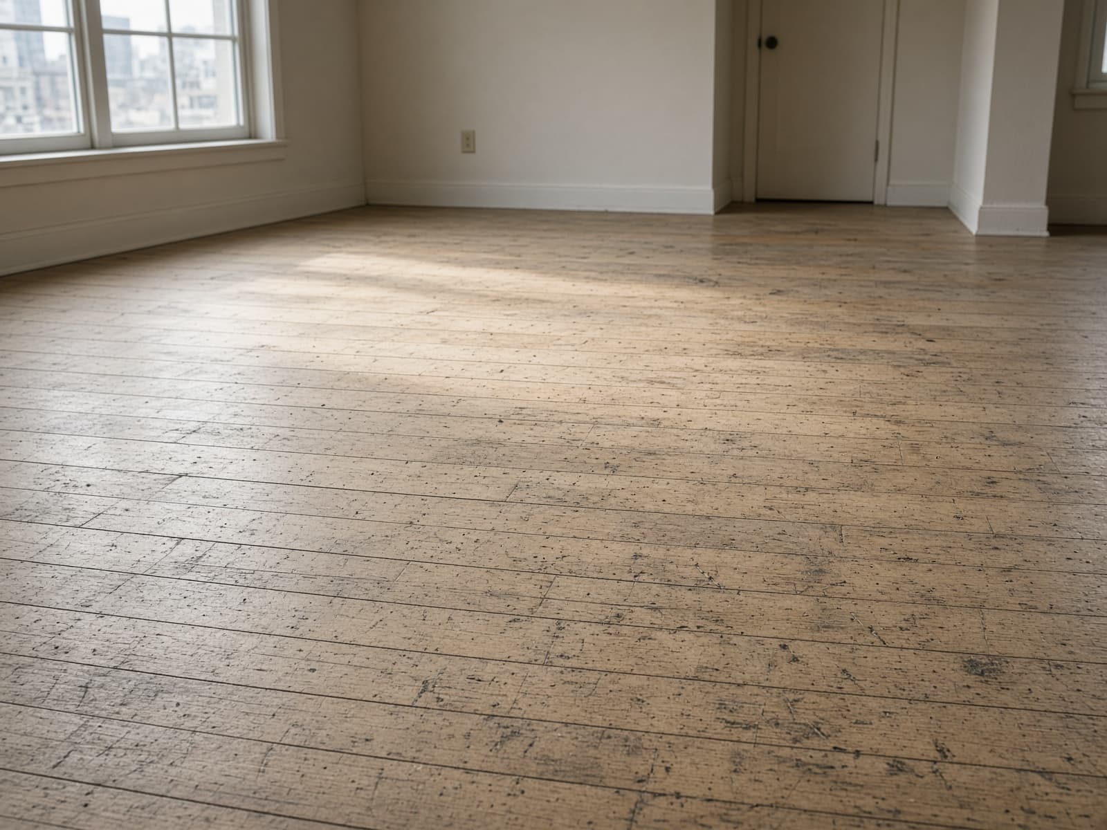 Worn, dull maple hardwood floor before refinishing.