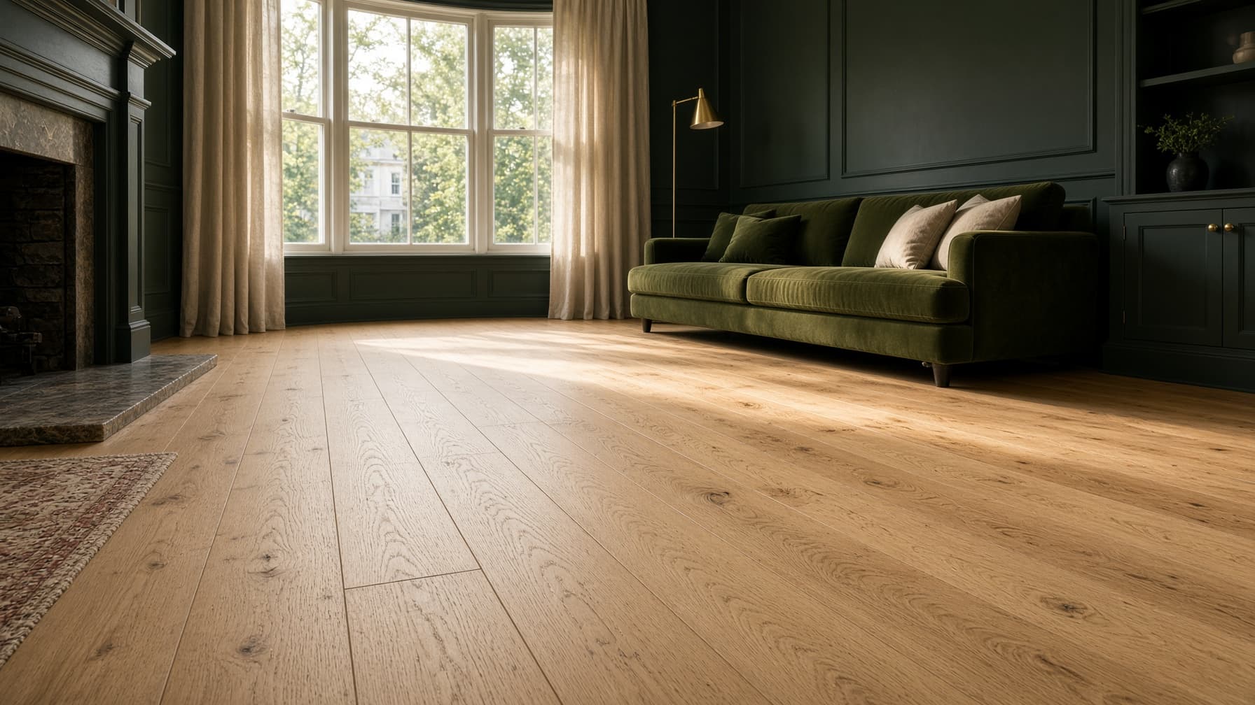 Finished wide-plank engineered oak floor in a bright living room.