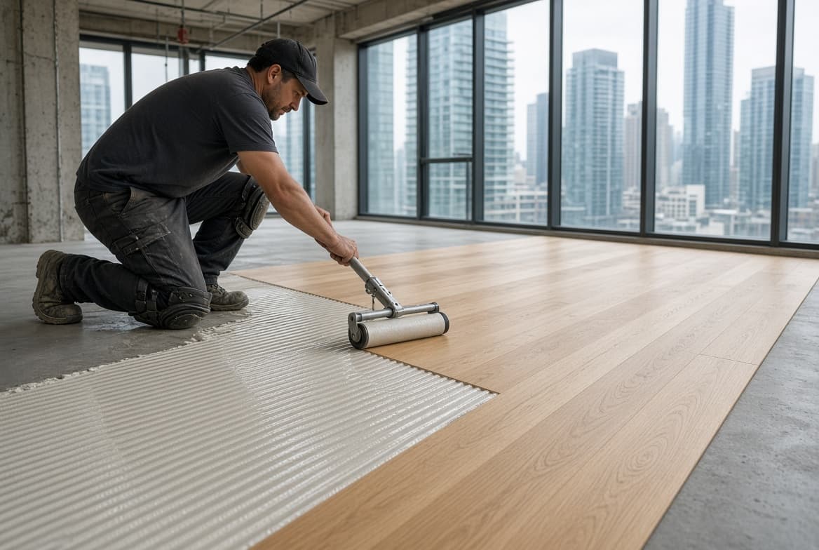 Engineered white oak being rolled into adhesive on a concrete condo slab.