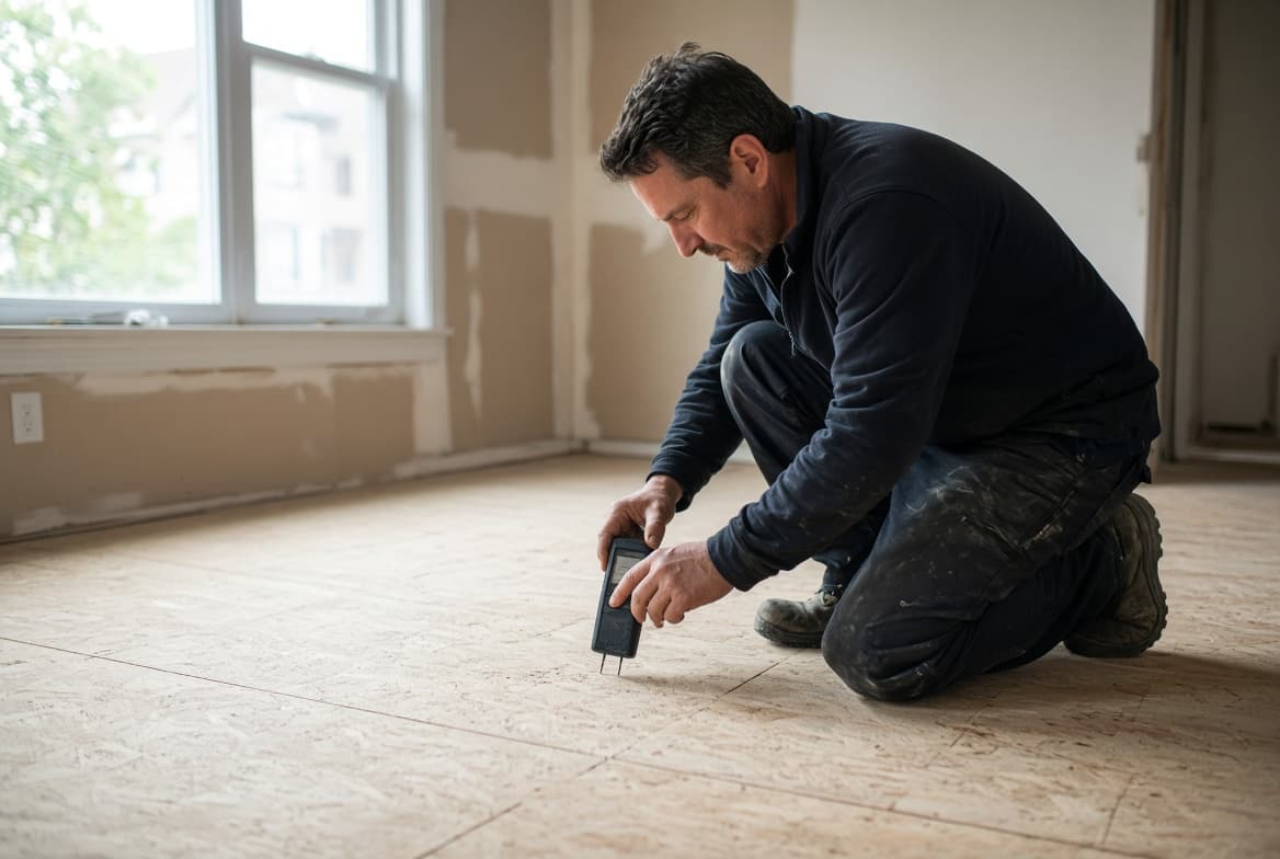 Technician taking a moisture reading on an OSB subfloor before hardwood installation.