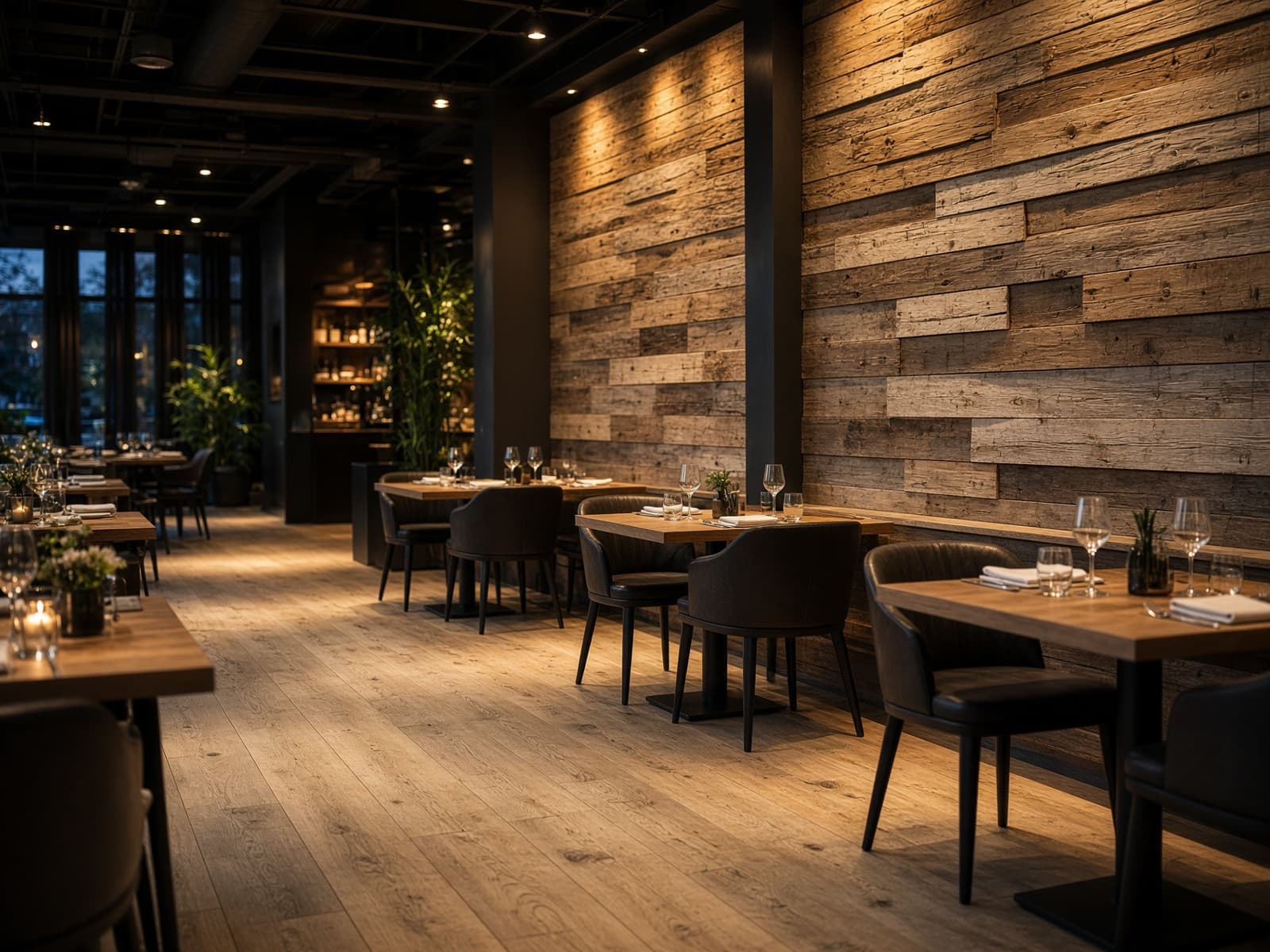 Restaurant with wide-plank ash hardwood floors and a reclaimed barn-board feature wall.