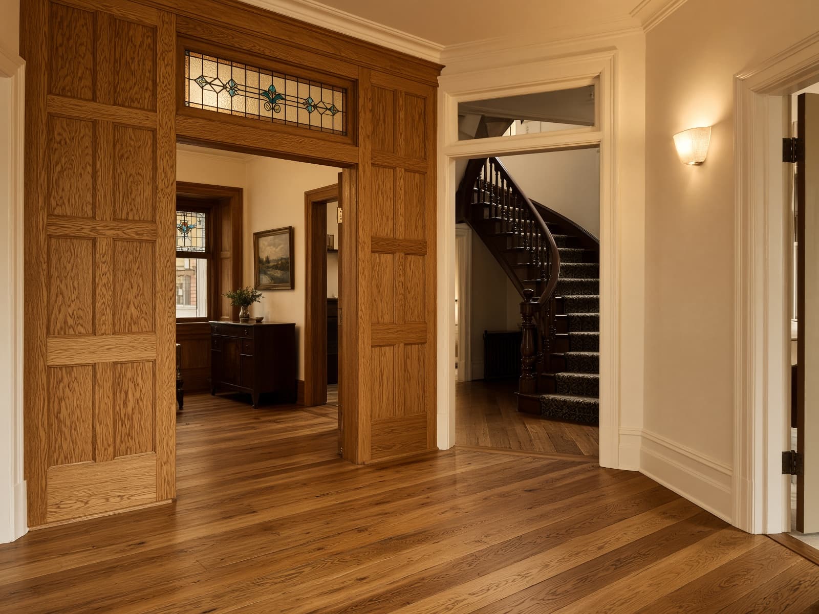 Restored quarter-sawn white oak floors in a 1920s Forest Hill home with original millwork.