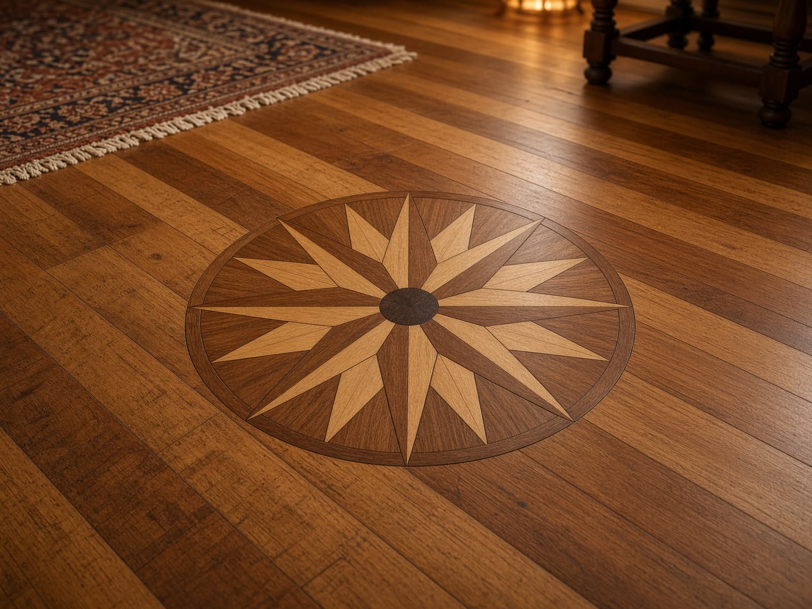 Hand-cut compass rose medallion in walnut, maple, and cherry set into a dining-room floor.