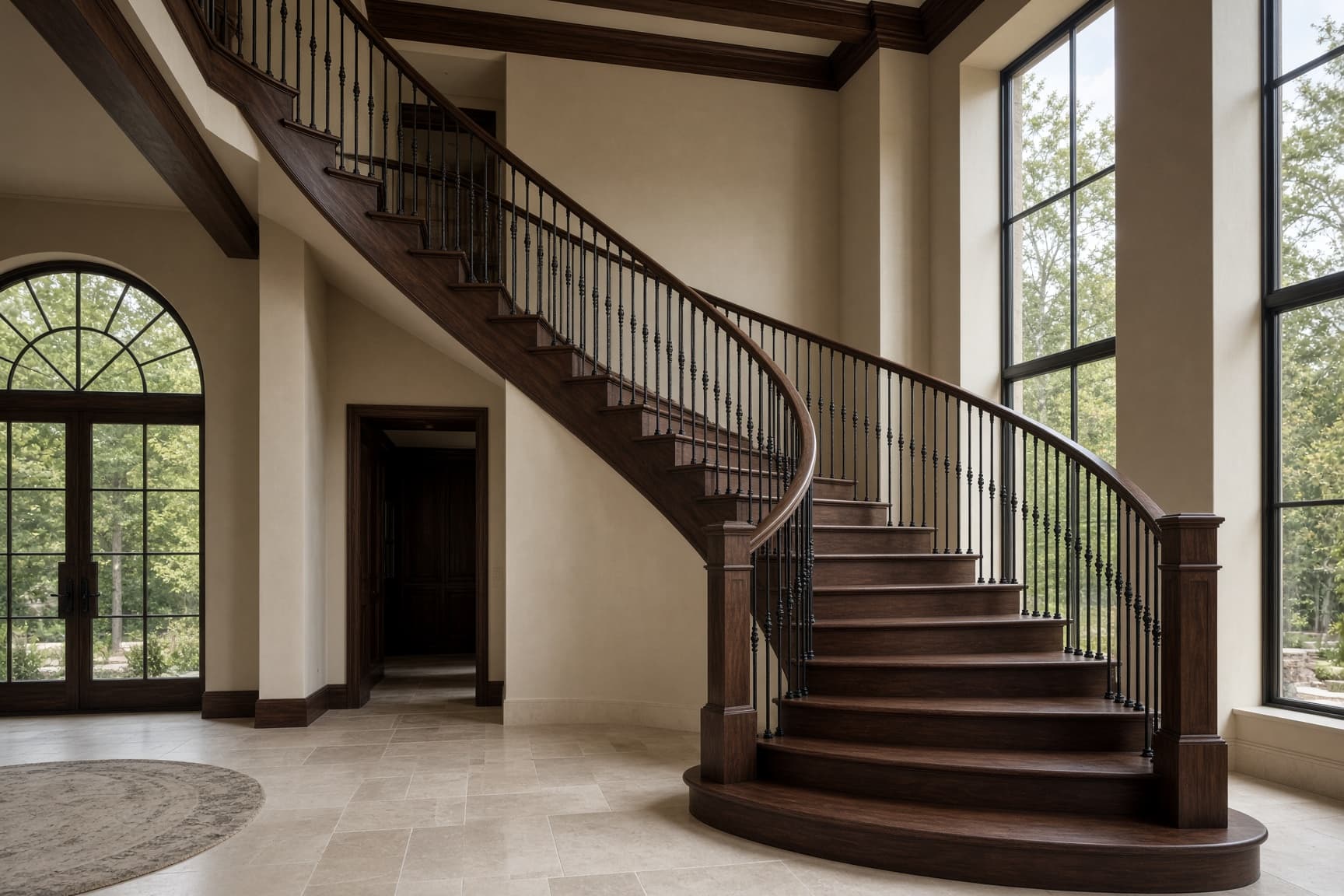Three-storey custom walnut staircase with iron balusters in an Oakville estate foyer.