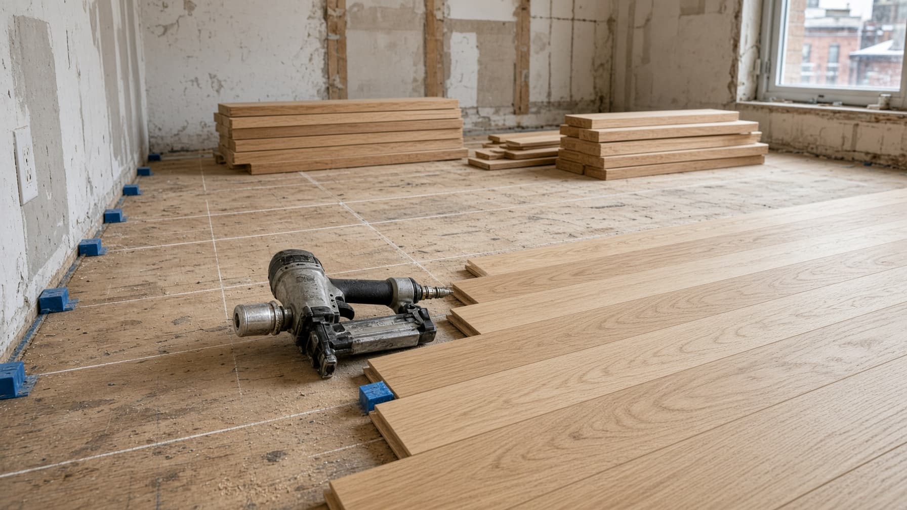 Solid white oak hardwood planks being installed with a pneumatic nailer over a prepared subfloor in a Toronto renovation.