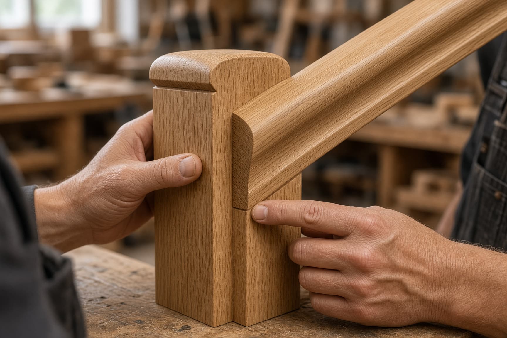 Close-up of a craftsman checking an oil-finished white oak handrail join at a newel post.