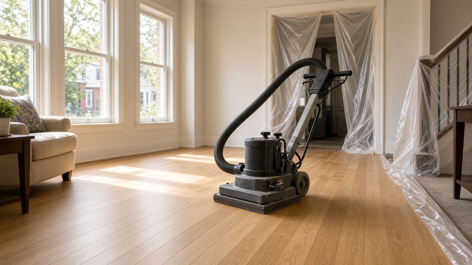 Professional dust-contained hardwood floor sander working across white oak planks in a sunlit Toronto home.