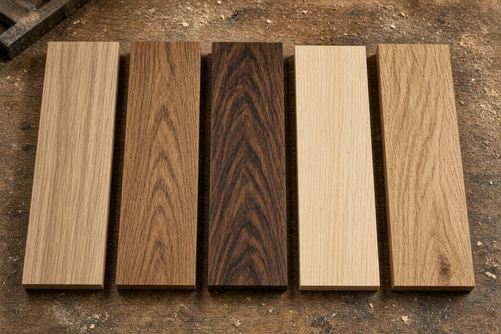 White oak, red oak, walnut, maple, and hickory sample boards on a Green Hardwood workbench.