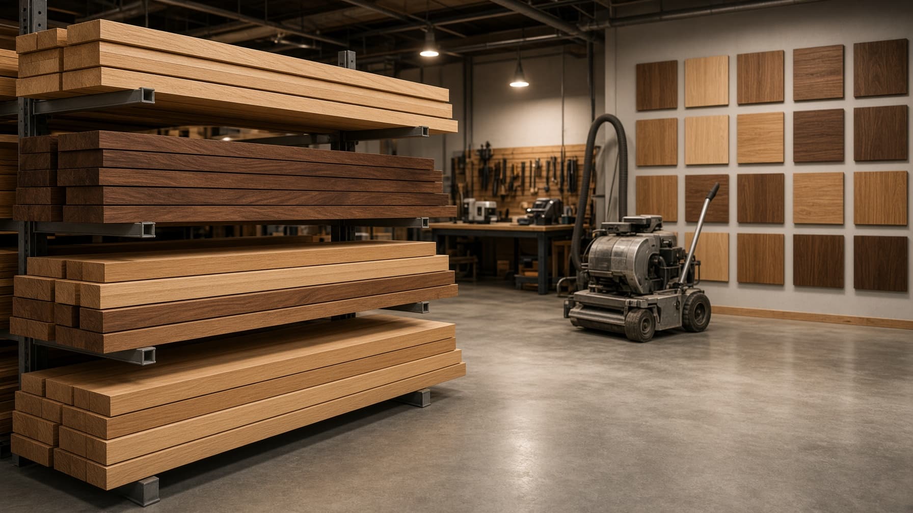 Green Hardwood workshop with racks of oak, walnut, and maple planks and stain sample boards.
